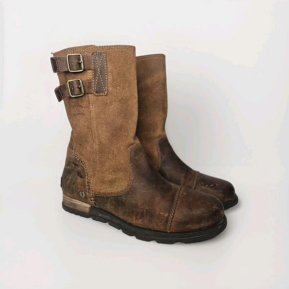 SOREL NL2166-242 Pull On Brown Mid Calf Leather Buckle Boots Womens 8.5 Distress - Picture 1 of 8